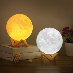 3D Printing Maan Lamp USB LED Nachtlampje Maanlicht Lunar Lamp Touch Twee Kleur Veranderende Houten Base Bedlampje Kamer