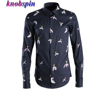 Mode Vogel Gedrukt Shirt Mannen Katoen Lange Mouwen Chemise Homme Slim Casual Male Shirt Dress Plus size