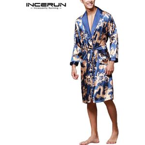 Incerun Mannen Pyjama Gewaden Kimono Casual Zachte Lange Mouw Badjas Chinese Stijl Gedrukt Nachtkleding Mode Nachtjapon Mannen Homewear