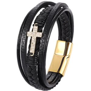 Mannen Vracelet Rvs Gouden Kruis Gelaagde Geweven Lederen Armband Speciale Set Met Diamanten Accessoires Sieraden