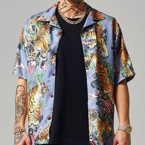 Riinr Zomer Heren Shirt Tijgerprint Korte Mouwen Mannen Shirt S-L