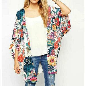 Vrouwen Bloemenprint Chiffon Losse Sjaal Kimono Vest Top Cover up