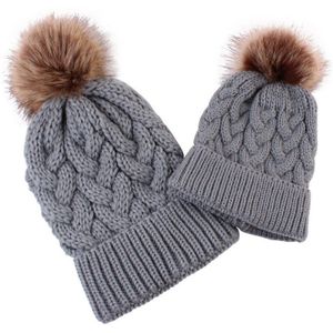 2Pcs Familie Hoeden Baby Winter Brei Haak Caps Faux Fur Beanie Hoed Moeder Dochter Zoon Warm Caps Vrouwen Knit hoeden H0073