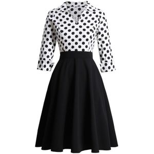 Tonval Wit En Zwart Twee Tone Stip Elegante Vintage Midi Jurk Voor Vrouwen Drie Kwart Mouw Winter Office Dames kleding