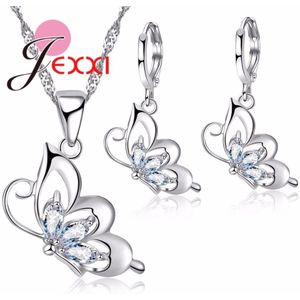 925 Sterling Zilveren Sieraden Sets Voor Vrouwen Bruiloft Ketting Hanger Oorringen Elegante Zirconia Vlinder