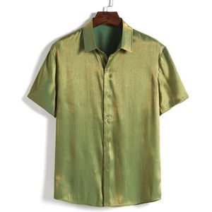 Glanzende Groene Satijn Shirt Mannen Korte Mouw Zijde Als Party Disco Shirts Heren Stage Party Event Prom Nachtclub kleding 2X