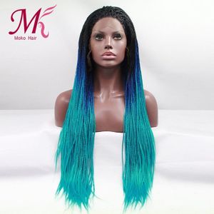 Moko Synthetische Lace Front Pruik Lange Gevlochten Pruiken Voor Zwarte Vrouwen Natuurlijke Look Hittebestendige Ombre 1b Blauwe Pruik Vlechten haar