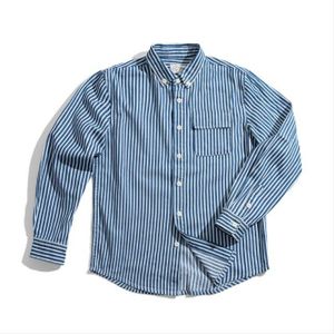 2021AW Tooling Mannen Amerikaanse Retro Denim Blauwe En Witte Verticale Gestreepte Shirt Lange Mouw Knop Kraag Outer Wear Shirt mannen