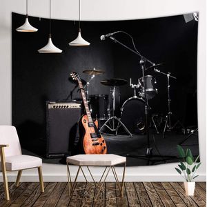 Musical Instruments Guitar with Drum in Black Wall Tapestry Art