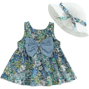 Infant Kids Baby Meisjes Casual Jurk Met Emmer Hoed, bloemenprint Mouwloze Grote Zoom Rok Met Grote Boog Knoop Decor 3M-4T