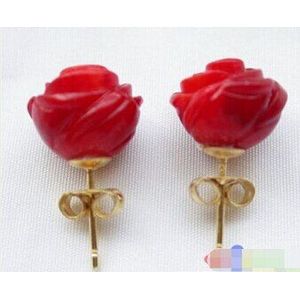 1062 11Mm Hand-Gesneden Rose Red Coral Earring&gt; Mooie Fijne Vrouwen Luxe Meisjes Bruiloft Woord Sieraden dame Vrouwen Oorbellen