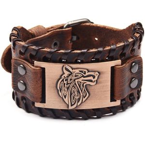 Vintage Mannen Armband Weave Bangle Brede Leren Metalen Verstelbare Viking Charms Punk Wolf Hoofd Armband Sieraden Mannen Armband