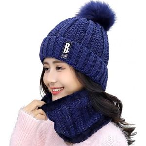 Vrouwen Winter Pluche Gebreide Mutsen Cap Gezicht Cover Sjaal Ring Set Outdoor Warm Houden Vrouwen Gebreide Muts Met Sjaals ring