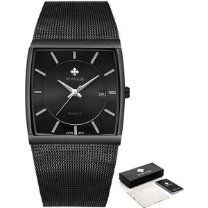 Wwoor Top Luxe Zwart Vierkant Horloges Voor Mannen Waterdichte Slanke Datum Horloge Mannelijke Stalen Mesh Band Quartz Analoge Klok mannen