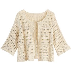 Vrouwelijke Hol Kant Dunne Open Stitch Tops Vrouwen Zomer Casual Half Mouwen Gebreide O-hals Wit Shrug Gehaakte Open Vest