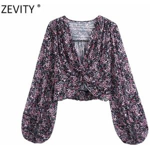 Zevity Vrouwen Vintage Bloemenprint Casual Korte Kiel Blouse Dames V-hals Geknoopt Chiffon Feminina Shirt Chic Blusas Tops LS7065
