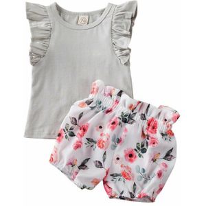 Summertoddler Kids Baby Meisjes Tops Vliegen Mouwen Effen T-shirt Bloemen Korte Broek 2 Stuks Set Outfits Kleding