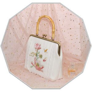Angelatracy Lotus Bloemen pu Borduurwerk Cheongsam Verse Gouden Ketting Metalen Frame Hanfu Messenger Bag Hand Tassen
