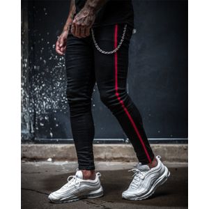 Mens Side Streep Skinny Fit Black Denim Jeans Hip Hop Streetwear Effen Kleur Plus Size Slim Fit Lichtgewicht Katoen Jeans voor Mannen