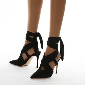 Vrouwen Sexy Hoge Hak Sandalen Vrouw Mode Hakken Zwart Cross-Gebonden Stiletto Puntschoen Party Schoenen dames Schoeisel