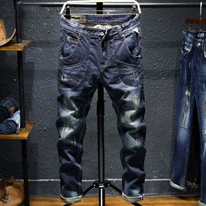 Herfst Winter Mode Mannen Jeans Vintage Vernietigd Ripped Jeans Voor Mannen Grote Pocket Cargo Broek Slim Fit Punk jeans