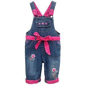6m-3Years Lente Herfst Baby Baby Meisjes Rompertjes Denim Overalls Borduren Roze Taille Riem Jeans Broek