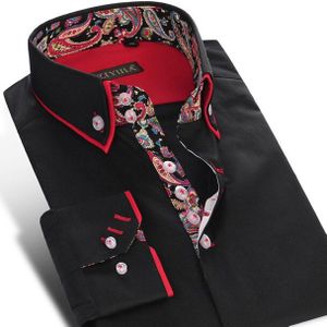 Chinese Stijl Gedrukt Mannen Dubbele Laag Kraag Shirts Pocket-Minder Lange Mouwen Standaard-Fit Button-Down Katoenen Shirt