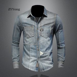 Patch ZYYong Revers lange mouwen Hechten Mannen Denim shirt Retro Casual Blue Bomber met lange mouwen dunne laag