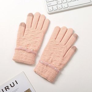 Winter Gebreide Handschoenen Voor Vrouwen Dikke Warme Handschoenen Vrouwelijke Parel Decoratie Touch Screen Volledige Vingers Pols Wanten Dames Guantes