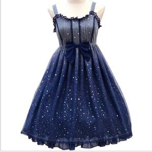 Jsk Shining Stars Lolita Jurk Gradiënt Jsk Ster Blauw Meisjes Effen Fancy Dress Lace Ruches Geplooide Jurk B805