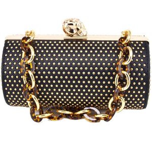 Gouden Klinknagel Cilinder Schedel Luxe Schoudertassen Keten Handtassen Vrouwelijke Messenger Bag