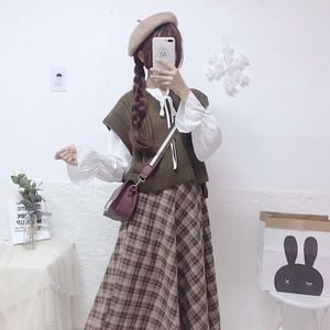 Harajuku Tiener Japanse Forest Style Vrouwen Losse Trui Vest Casual Witte Blouse Plaid Vrouwelijke Rokken