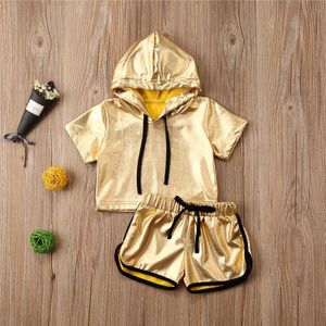 Mode Zomer Baby Meisje Sport Outfits Kleding Sets Losse Hooded Goud Kleur Tops Casual Broek 2 Stuks Past