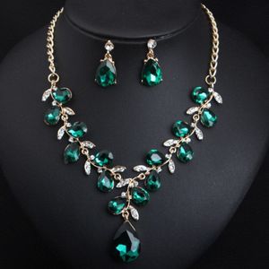 Blad Sieraden Sets Bruids Goud Kleur Ketting Oorbellen Groen Water Crystal Voor Vrouwen Mode-sieraden Set Accessoires