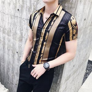 Luxe Gouden Zwarte Shirt Zomer Korte Mouw Mode Party Club Prom Party Shirt Stijlvolle Gold Slim Shirts Voor mannen