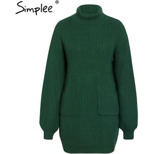 Simplee Casual Coltrui Vrouwen Trui Jurk Herfst Winter Gebreide Jurk Met Zakken Lantaarn Mouw Vrouwelijke Trui Jurk