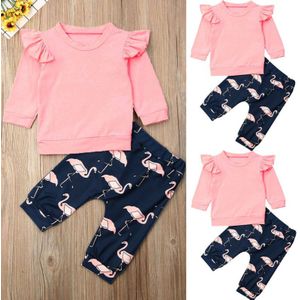 Pasgeboren Baby Meisje kind 2 stuks Herfst Flamingo Kleding Lange Mouwen Ruches Effen Kleur Top Broek Outfit Set