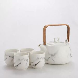 Japanse Eenvoudige Marmer Patroon Keramische Thee Set Inclusief 1 Pot En 4 Kopjes Creatieve Bloem Theepot Afternoon Tea Cup Drinkware