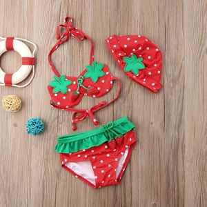 Zomer Aardbei Gedrukt Verstoorde Drie Stukken Kids Bikini Set Biquini Infantil Zwemmen Pak Voor Kinderen 2 ~ 6Y Meisjes Badpak