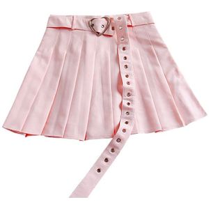 Harajuku Effen Geplooide Rok Hoge Taille Roze A-lijn Rok Leuke Koreaanse Uniform Vrouwelijke Kawaii Vrouwen Bottom Midi Rok Hart Sjerpen