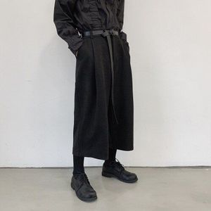 Mannen Zwarte Losse Casual Wollen Wijde Pijpen Broek met Riem Mannelijke Japan Streetwear Hip Hop Gothic Rechte Harem Broek Kimono broek