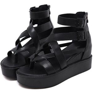 Gdgydh Romeinse Womens Zomer Schoenen Chunky Wedge Platform Hakken Flip Flops Thong Sandalen Comfortabele Zwart Lederen Casual Schoenen