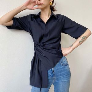 TWOTWINSTYLE Asymmetrical Women Shirt Lapel Collae Half Sleevel High Waist Irreguar Ruched Blouse For Female Clothes