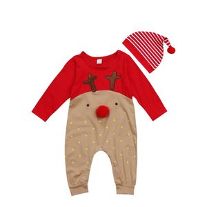 Kerst Leuke Pasgeboren Baby Meisjes Jongens Kleding Cartoon Lange Mouwen Romper Jumpsuit Playsuit + Gestreepte Hoed Outfit Kleding Set