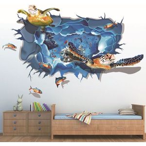 3D Blauwe Zee Wereld Schildpad Muursticker Vis Decals Coral Huis Decoratie Voor Kinderkamer Floor Woonkamer Behang Thuis decor