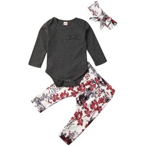 Baby Lente Herfst Kleding Pasgeboren Baby Meisjes Kleding Lange Mouw Pocket Jumpsuit + Bloemen Broek Leggings Outfit Set 0 -18M