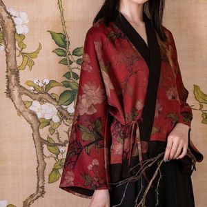 Mode Vrouwen Rode Japanse Kimono Chinese Stijl Retro Hanfu Vest Casual Gedrukt Jas Blouse Oosterse Jassen Tops Gewaden Gown