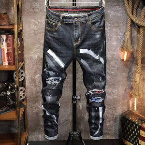 Zwart Print Ripped Jeans Mannen Stretch Broek Graffiti Jeans Mannen Hip-Hop Streetwear Verontruste Jeans Punk kleding