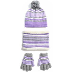 Kids Winter Brei 3 Stuks Beanie Muts Sjaal Handschoenen Set Contrast Kleur Gestreepte Dikke Pluche Gevoerd Pompom Schedel Cap Hals warmer