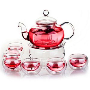 800ML Borosilicaat hittebestendig Glas Thee Pot Set Zetgroep Theepot Warmer Met Zeef Bloemen 6 Dubbele Muur Theewaar thuis